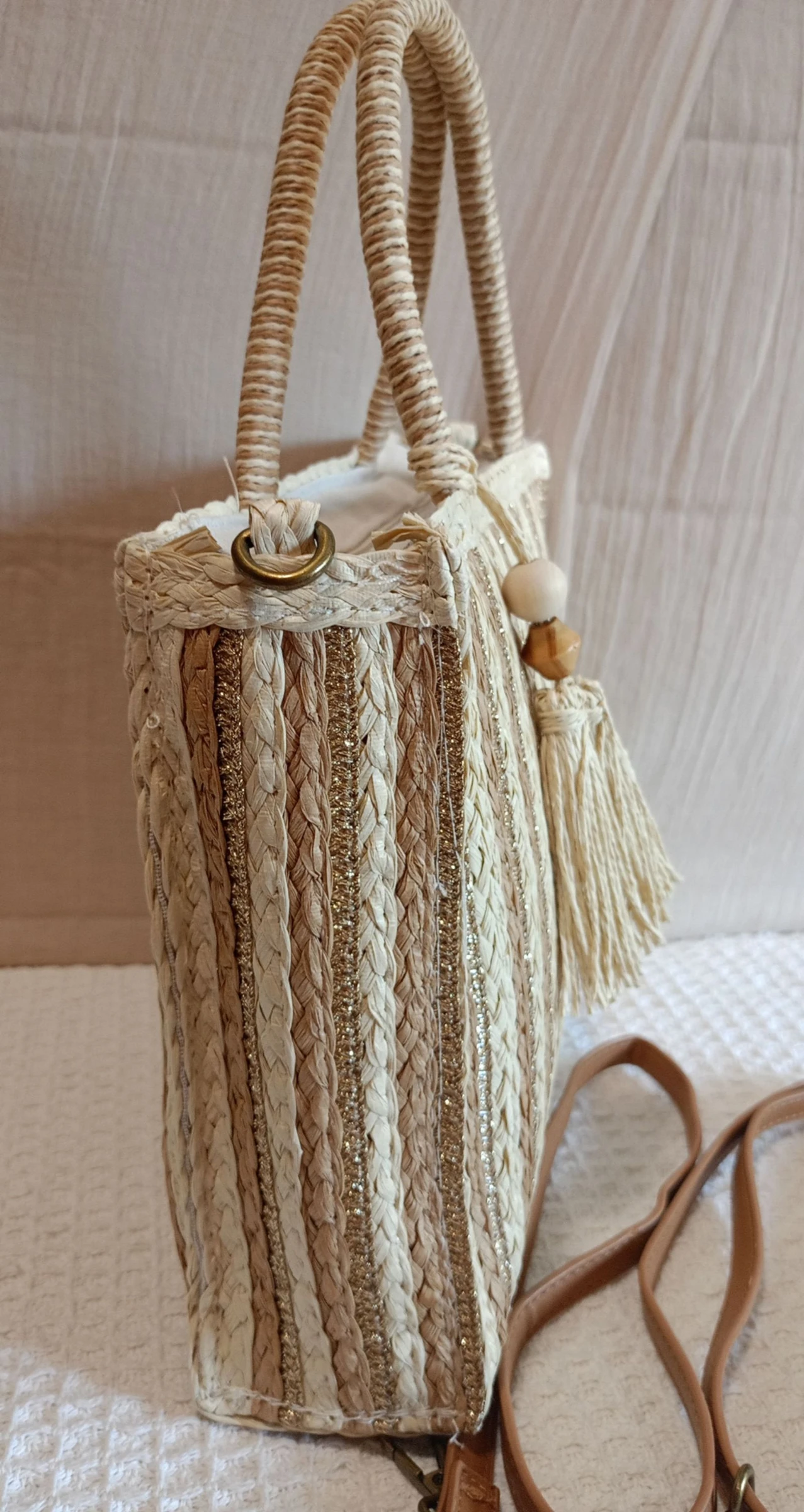 Beige witte gestreepte rotan tote tas met gouden details – photo 2